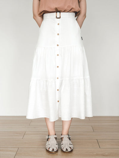 Brooklyn Belted Tiered Midi Skirt - DAG-DD0193-23IvoryF - Mochi Ivory - F - D'ZAGE Designs