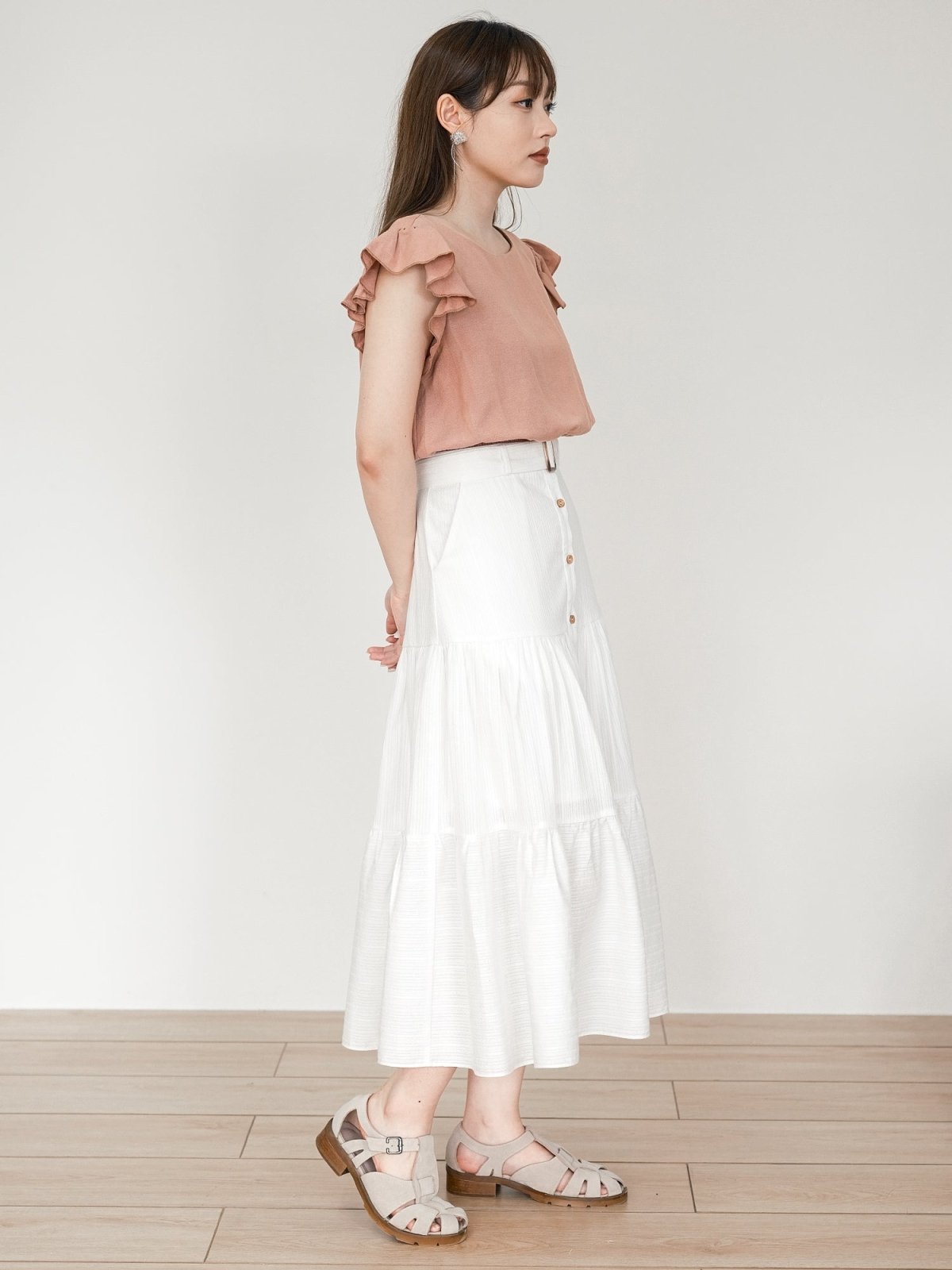 Brooklyn Belted Tiered Midi Skirt - DAG-DD0193-23IvoryF - Mochi Ivory - F - D'ZAGE Designs
