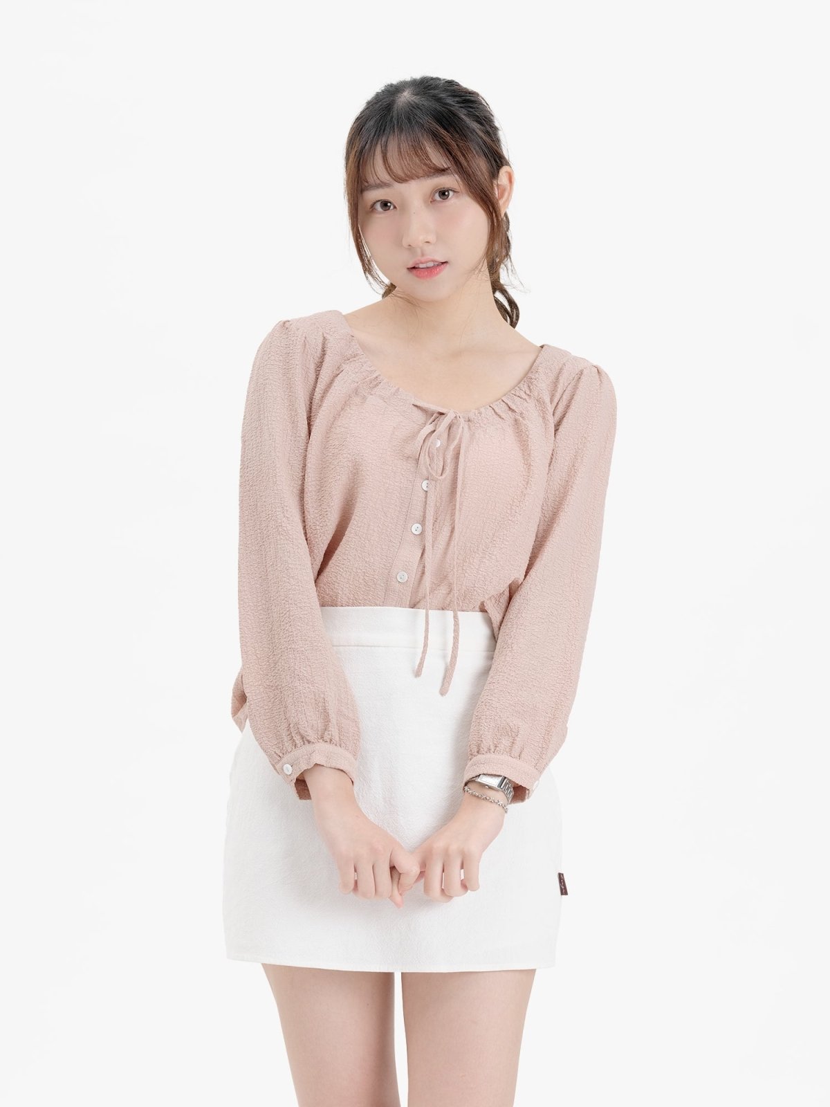 Arden Tie-neck Button Up Top - DAG-DD8725-21AlmondM - Almond Pink - M - D'ZAGE Designs