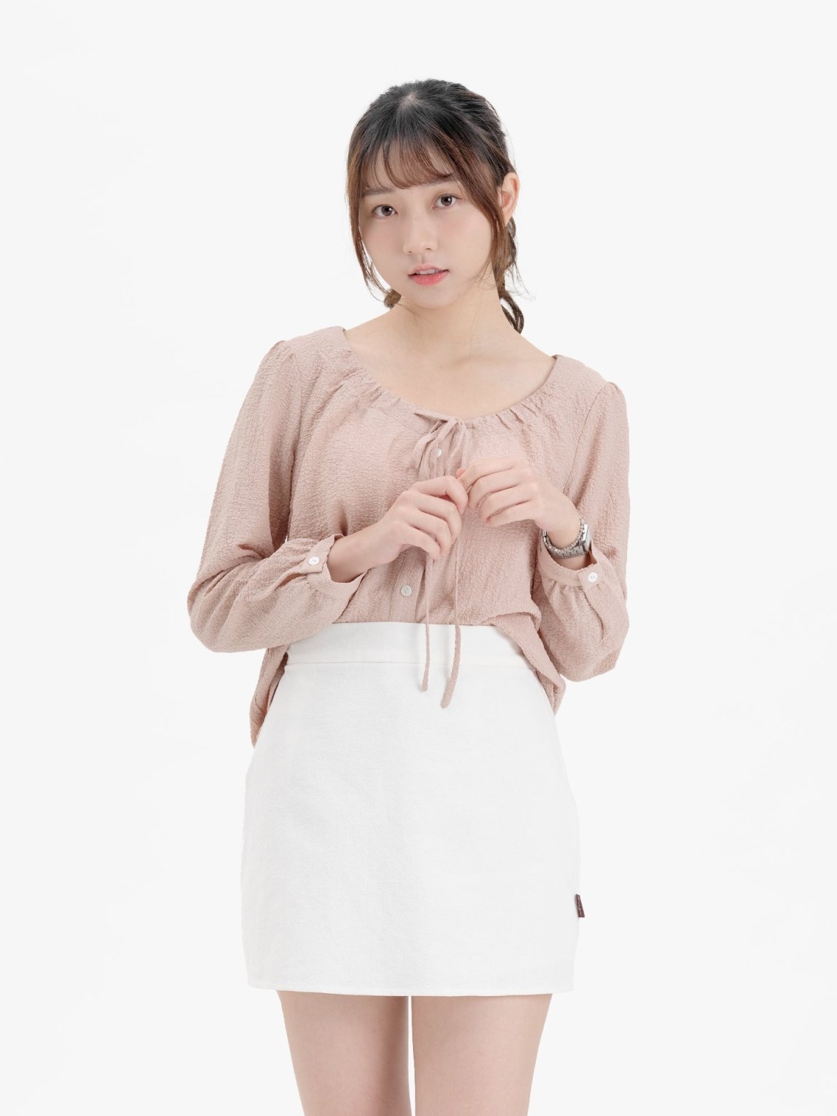 Arden Tie-neck Button Up Top - DAG-DD8725-21AlmondM - Almond Pink - M - D'ZAGE Designs