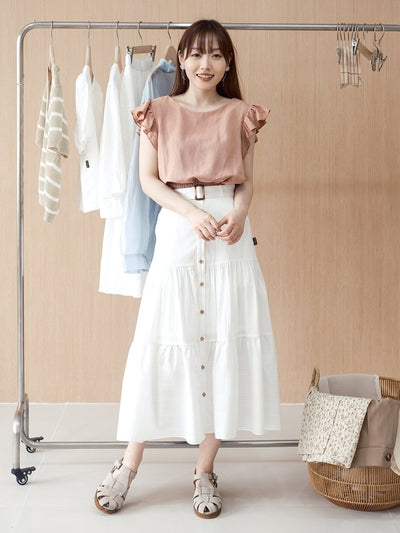 Brooklyn Belted Tiered Midi Skirt - DAG-DD0193-23IvoryF - Mochi Ivory - F - D'ZAGE Designs