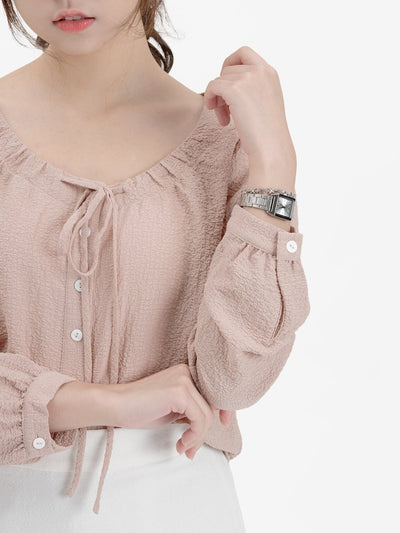 Arden Tie-neck Button Up Top - DAG-DD8725-21AlmondM - Almond Pink - M - D'ZAGE Designs