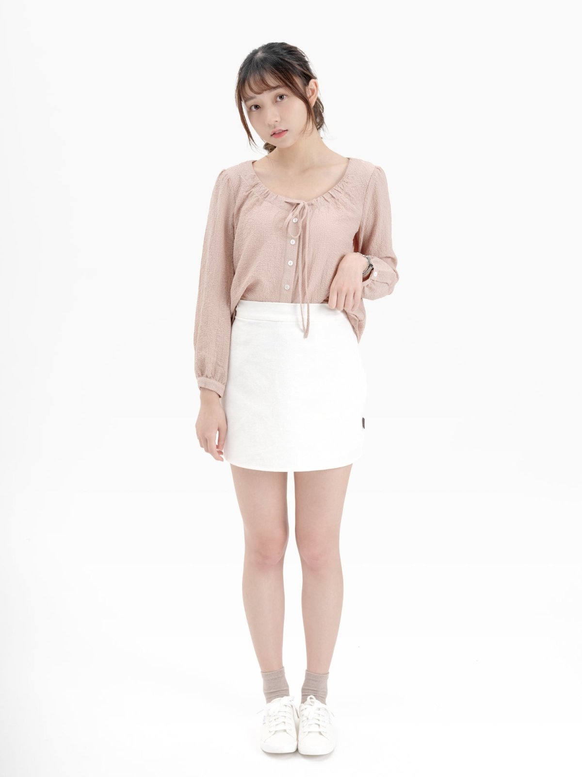 Arden Tie-neck Button Up Top - DAG-DD8725-21AlmondM - Almond Pink - M - D'ZAGE Designs