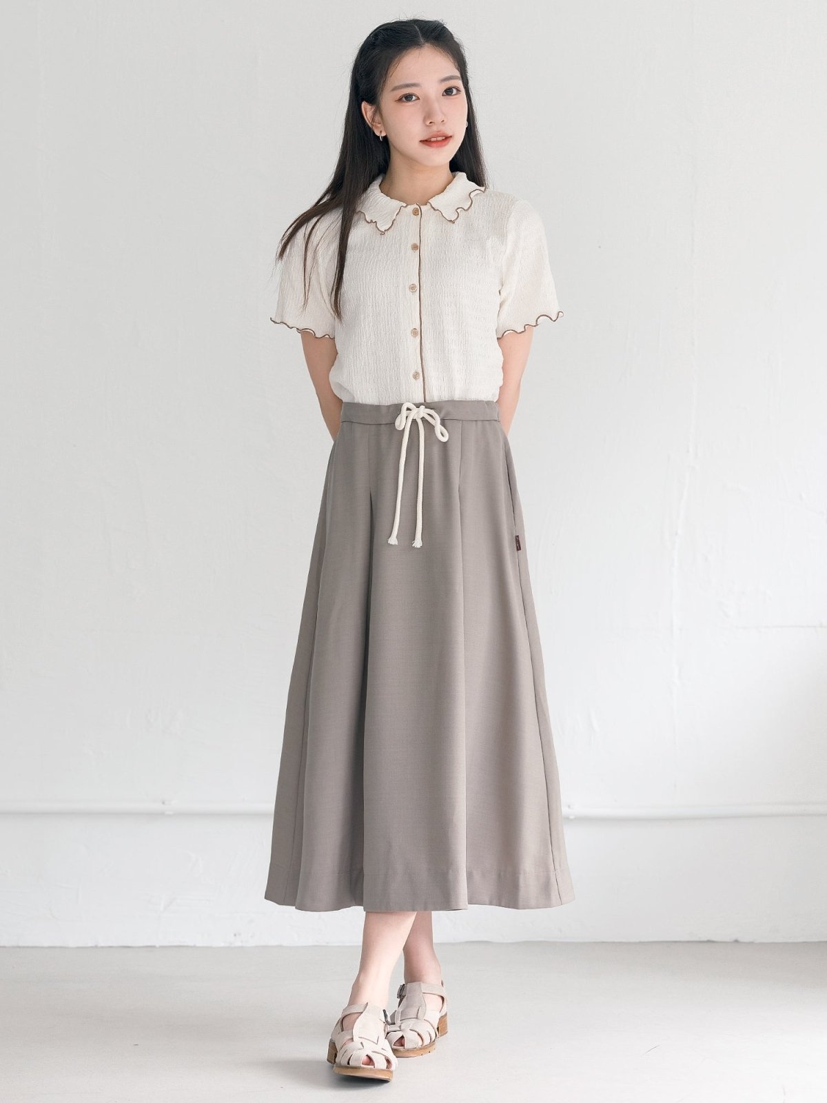 Landa Collared Wrinkle Ruffle Top - DAG-DD0365-23CreamBrownS - Cream With Brown Hem - S - D'ZAGE Designs