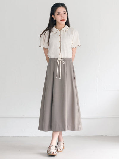 Landa Collared Wrinkle Ruffle Top - DAG-DD0365-23CreamBrownS - Cream With Brown Hem - S - D'ZAGE Designs