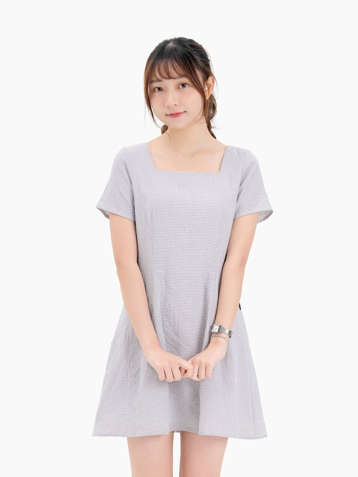 Emilia Tie Back Short Sleeve Dress - DAG-DD9342-22GrayGinghamF - Gray Checkers - F - D'ZAGE Designs