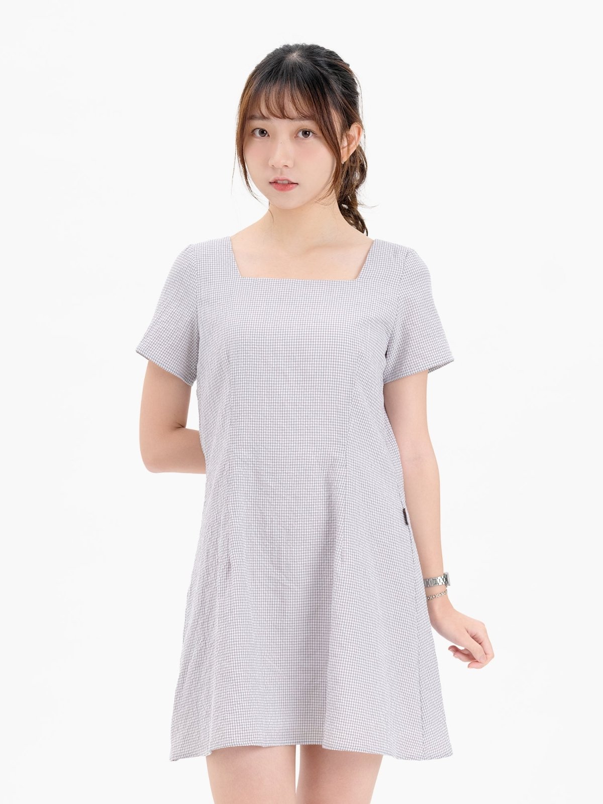 Emilia Tie Back Short Sleeve Dress - DAG-DD9342-22GrayGinghamF - Gray Checkers - F - D'ZAGE Designs
