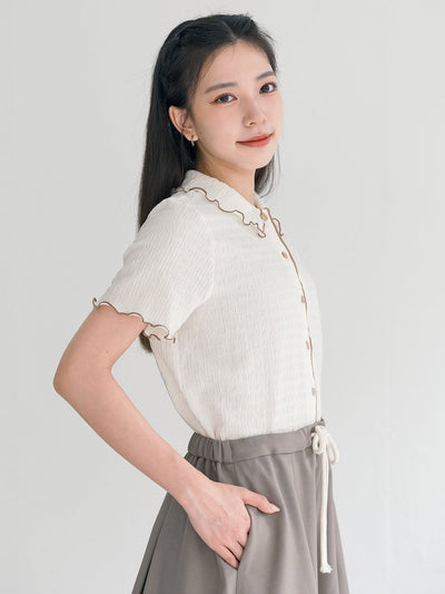 Landa Collared Wrinkle Ruffle Top - DAG-DD0365-23CreamBrownS - Cream With Brown Hem - S - D'ZAGE Designs