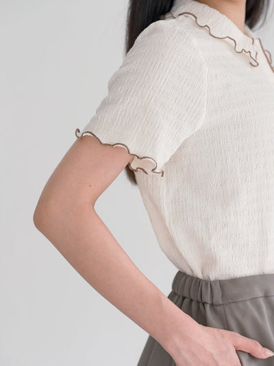 Landa Collared Wrinkle Ruffle Top - DAG-DD0365-23CreamBrownS - Cream With Brown Hem - S - D'ZAGE Designs