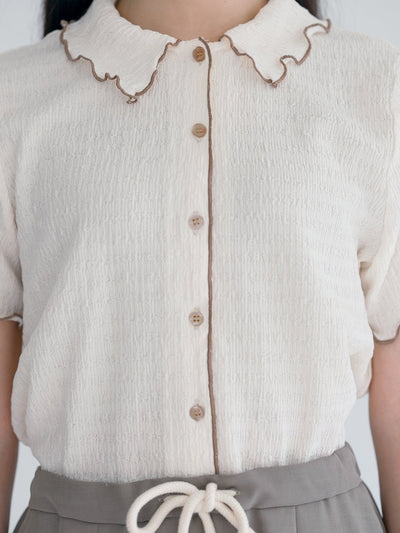 Landa Collared Wrinkle Ruffle Top - DAG-DD0365-23CreamBrownS - Cream With Brown Hem - S - D'ZAGE Designs