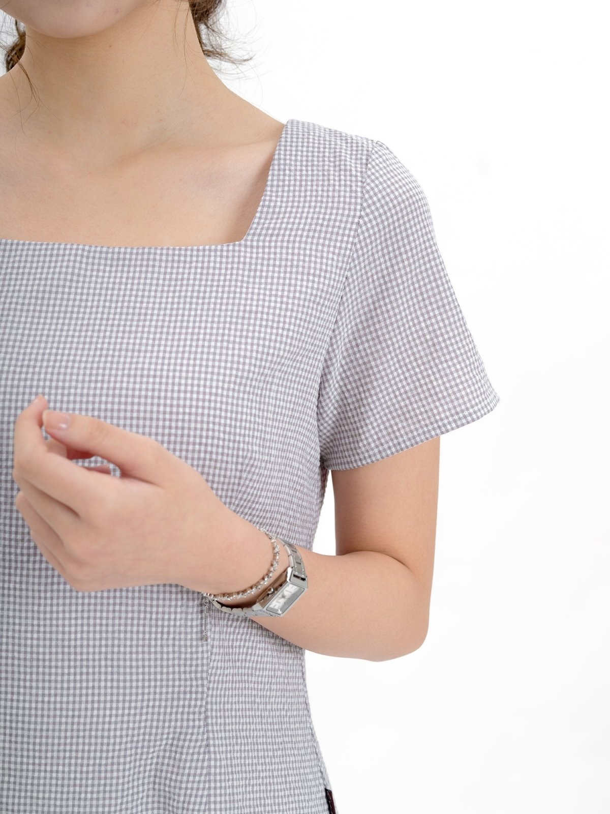 Emilia Tie Back Short Sleeve Dress - DAG-DD9342-22GrayGinghamF - Gray Checkers - F - D'ZAGE Designs