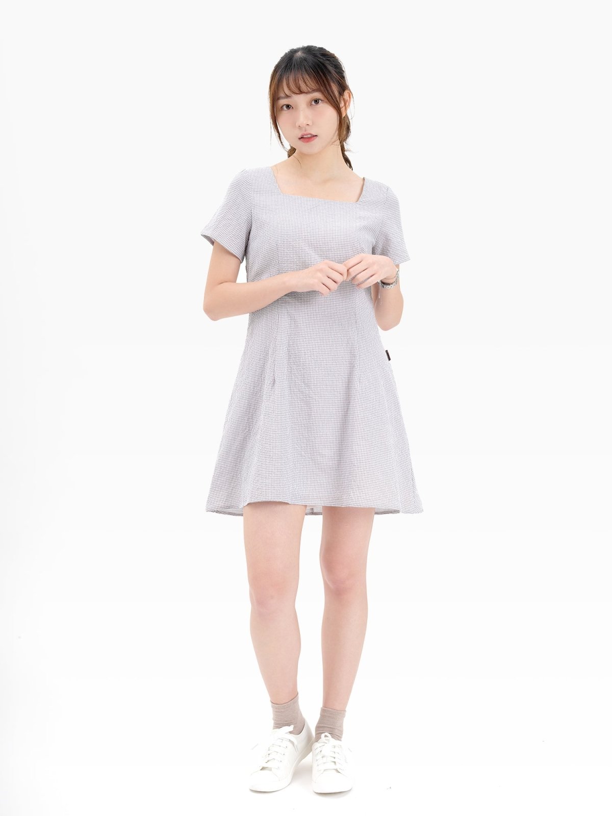 Emilia Tie Back Short Sleeve Dress - DAG-DD9342-22GrayGinghamF - Gray Checkers - F - D'ZAGE Designs