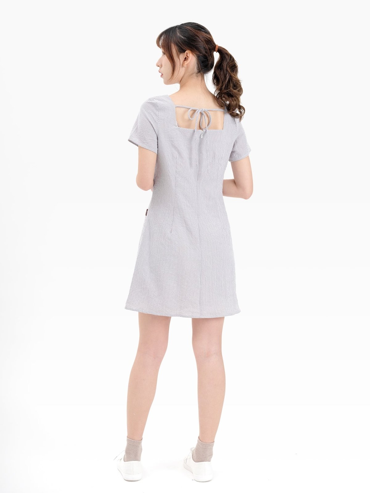 Emilia Tie Back Short Sleeve Dress - DAG-DD9342-22GrayGinghamF - Gray Checkers - F - D'ZAGE Designs