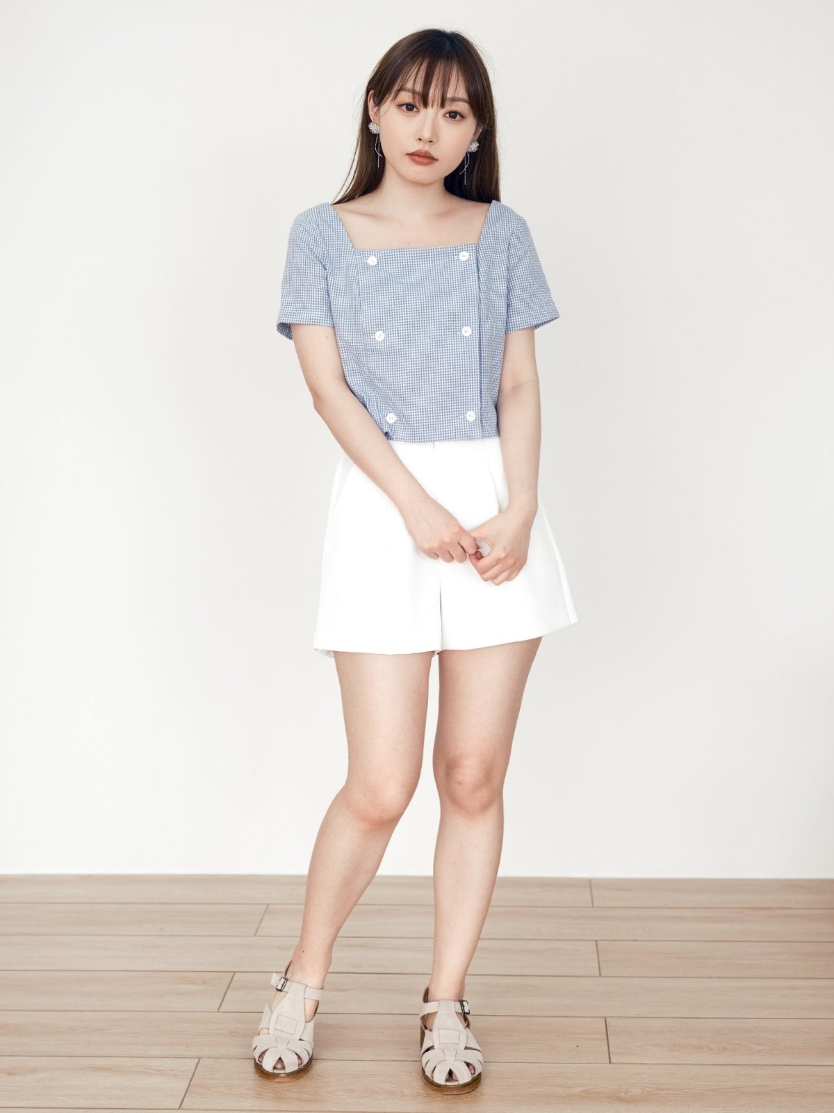 Suzie Square Neck Button Top - DAG-DD0196-23BluePlaidS - Baby Blue - S - D'ZAGE Designs