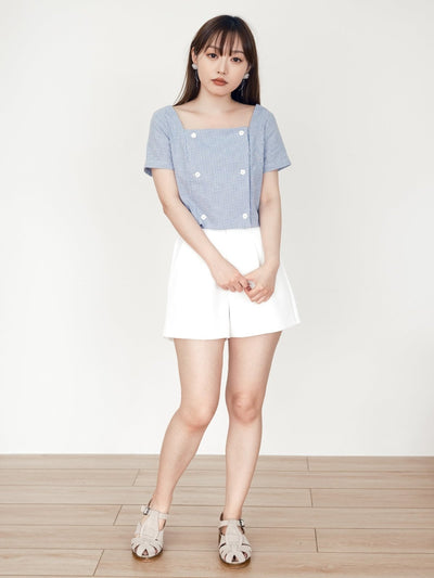 Suzie Square Neck Button Top - DAG-DD0196-23BluePlaidS - Baby Blue - S - D'ZAGE Designs