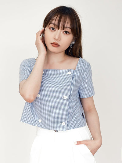 Suzie Square Neck Button Top - DAG-DD0196-23BluePlaidS - Baby Blue - S - D'ZAGE Designs