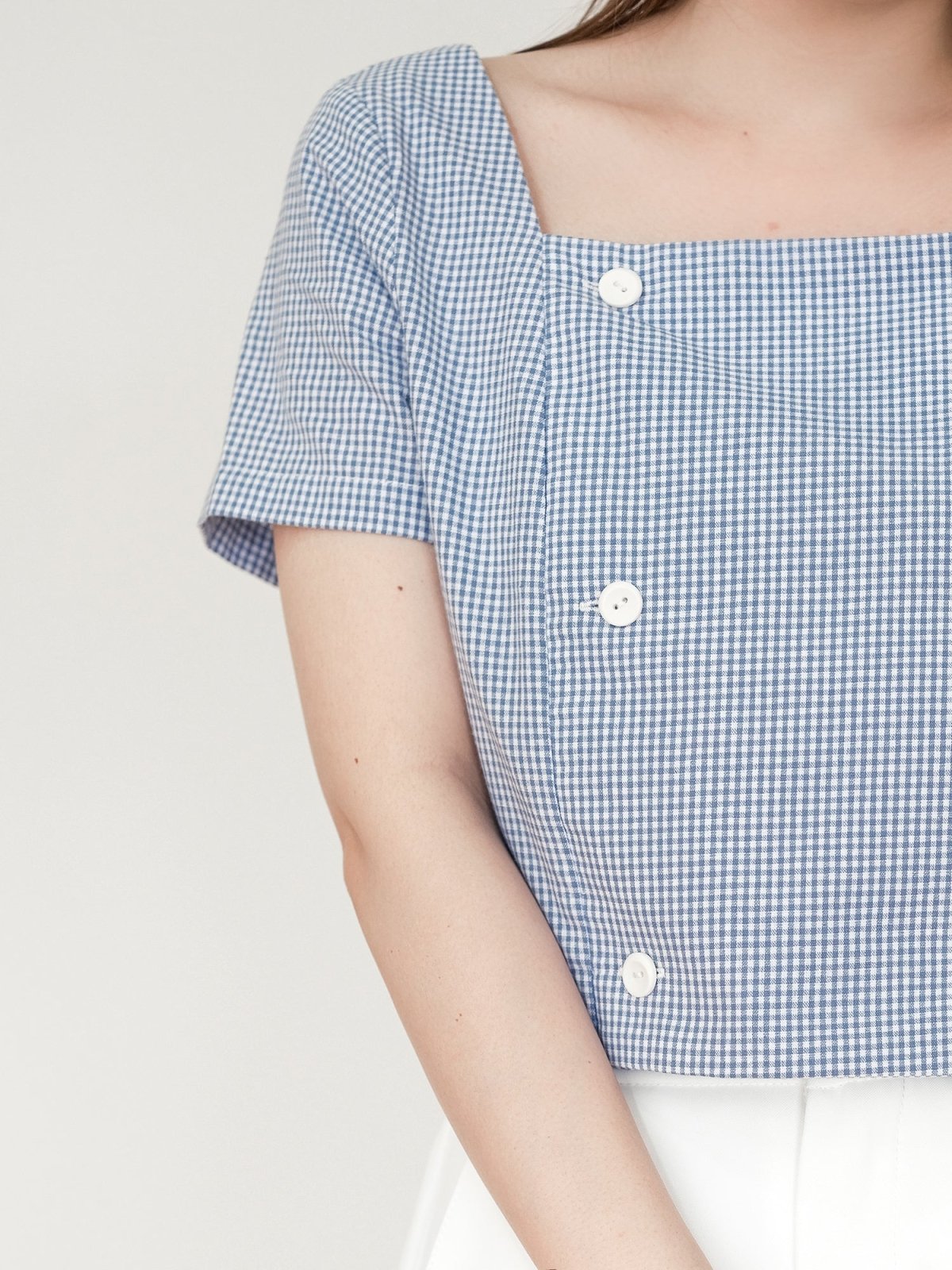 Suzie Square Neck Button Top - DAG-DD0196-23BluePlaidS - Baby Blue - S - D'ZAGE Designs