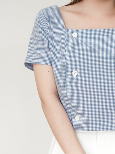 Suzie Square Neck Button Top - DAG-DD0196-23BluePlaidS - Baby Blue - S - D'ZAGE Designs