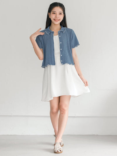 Landa Collared Wrinkle Ruffle Top - DAG-DD0365-23BlueWhiteS - Blue With White Hem - S - D'ZAGE Designs