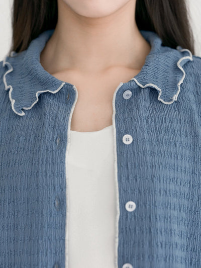 Landa Collared Wrinkle Ruffle Top - DAG-DD0365-23BlueWhiteS - Blue With White Hem - S - D'ZAGE Designs