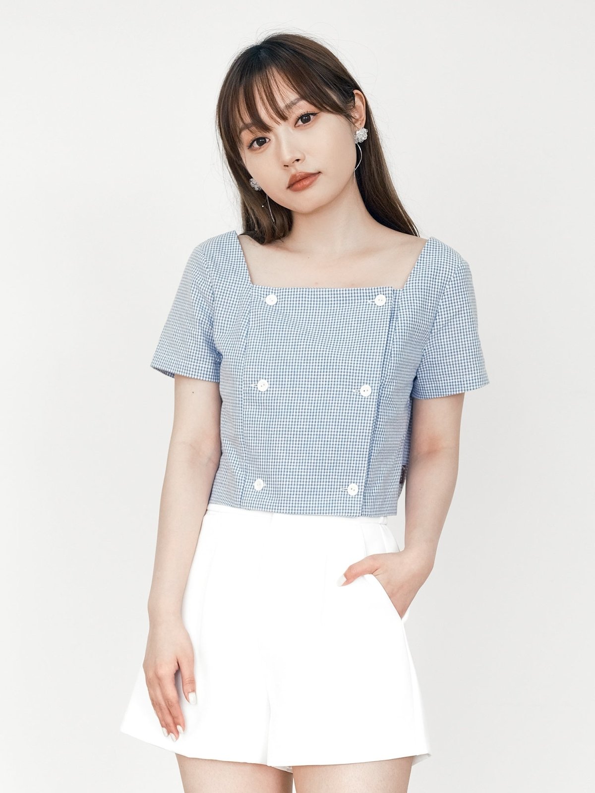Suzie Square Neck Button Top - DAG-DD0196-23BluePlaidS - Baby Blue - S - D'ZAGE Designs