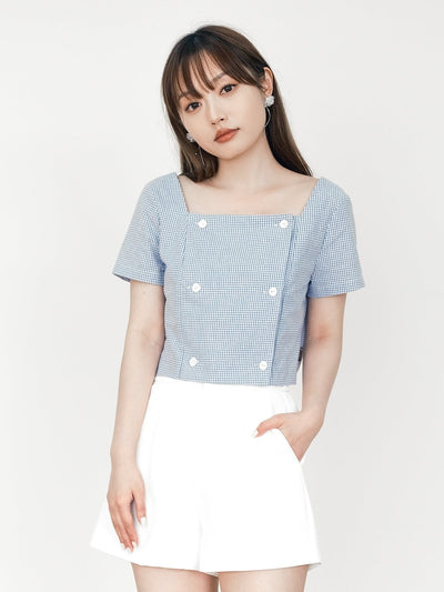 Suzie Square Neck Button Top - DAG-DD0196-23BluePlaidS - Baby Blue - S - D'ZAGE Designs