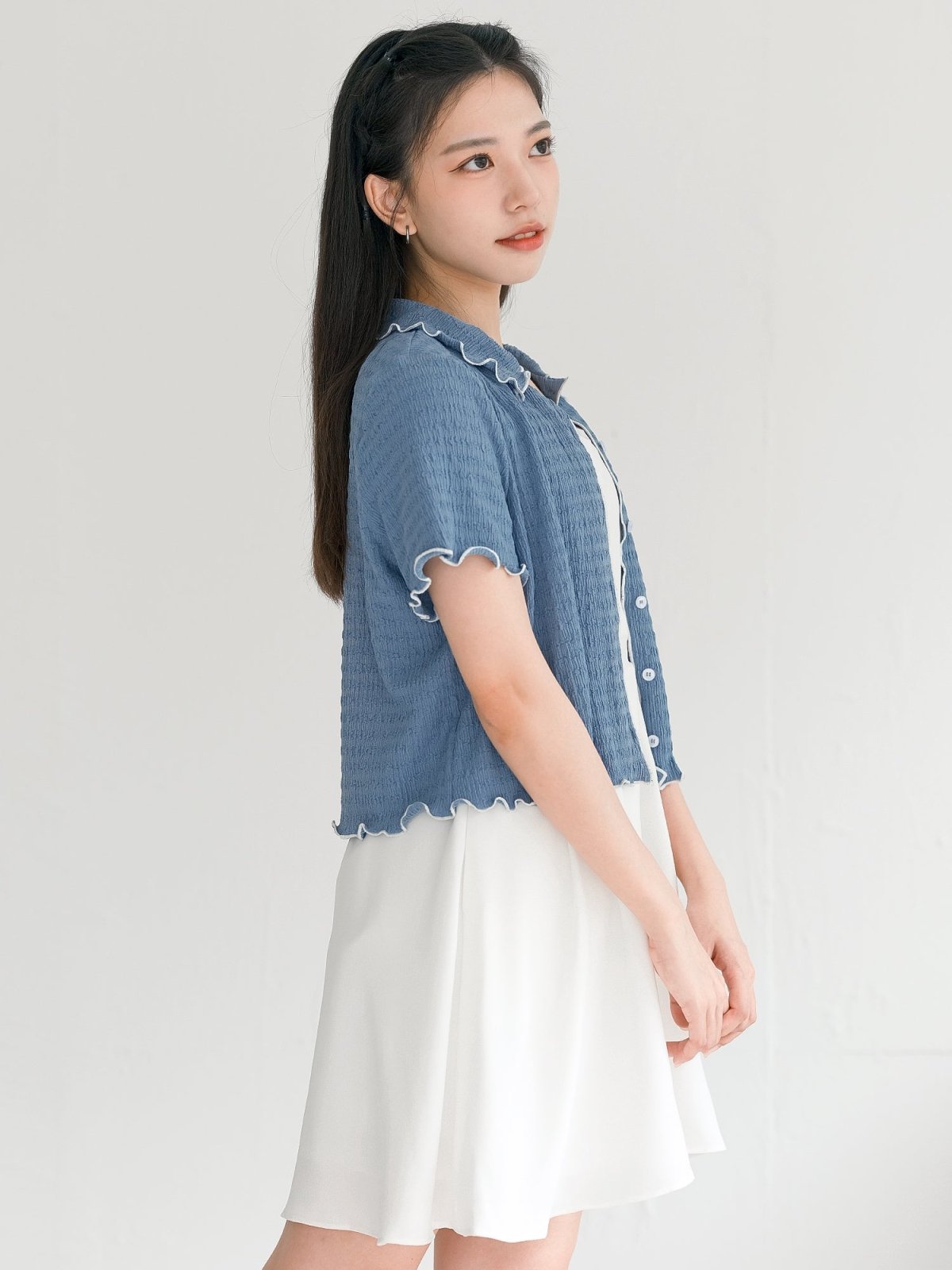Landa Collared Wrinkle Ruffle Top - DAG-DD0365-23BlueWhiteS - Blue With White Hem - S - D'ZAGE Designs