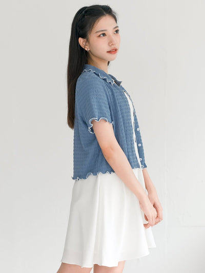 Landa Collared Wrinkle Ruffle Top - DAG-DD0365-23BlueWhiteS - Blue With White Hem - S - D'ZAGE Designs