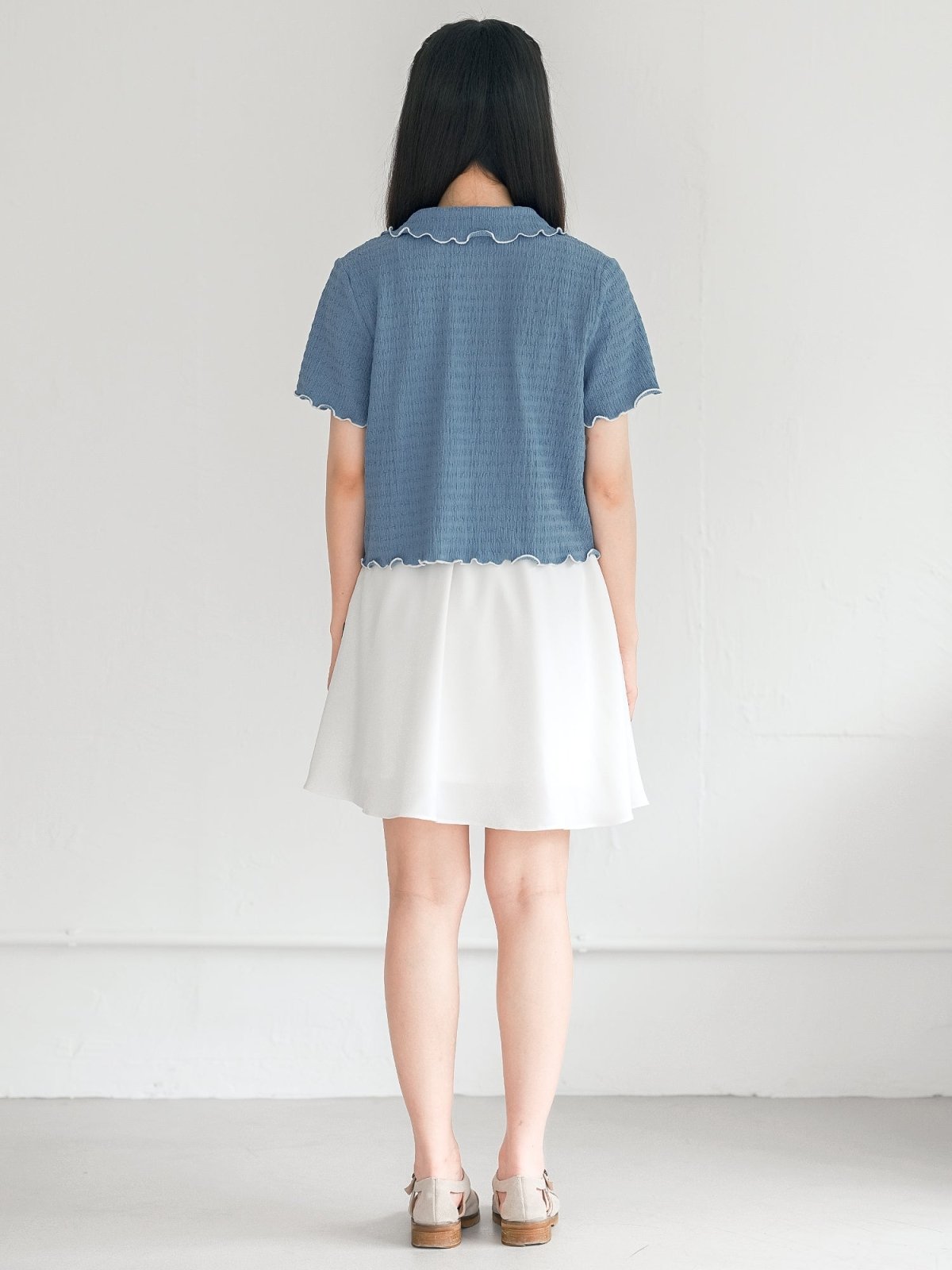 Landa Collared Wrinkle Ruffle Top - DAG-DD0365-23BlueWhiteS - Blue With White Hem - S - D'ZAGE Designs