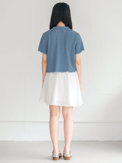 Landa Collared Wrinkle Ruffle Top - DAG-DD0365-23BlueWhiteS - Blue With White Hem - S - D'ZAGE Designs