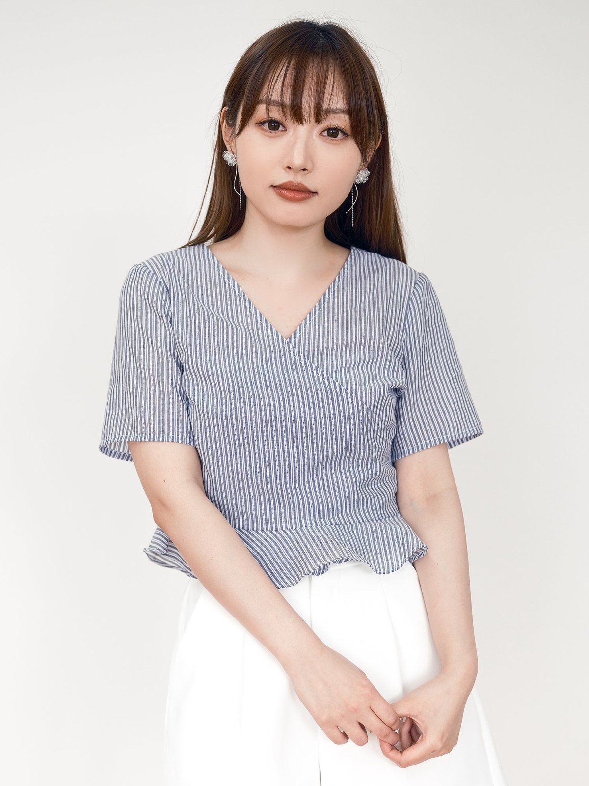 Ramy Ruffle Wrap Top - DAG-DD0197-23BlueStripeF - Baby Blue - F - D'ZAGE Designs