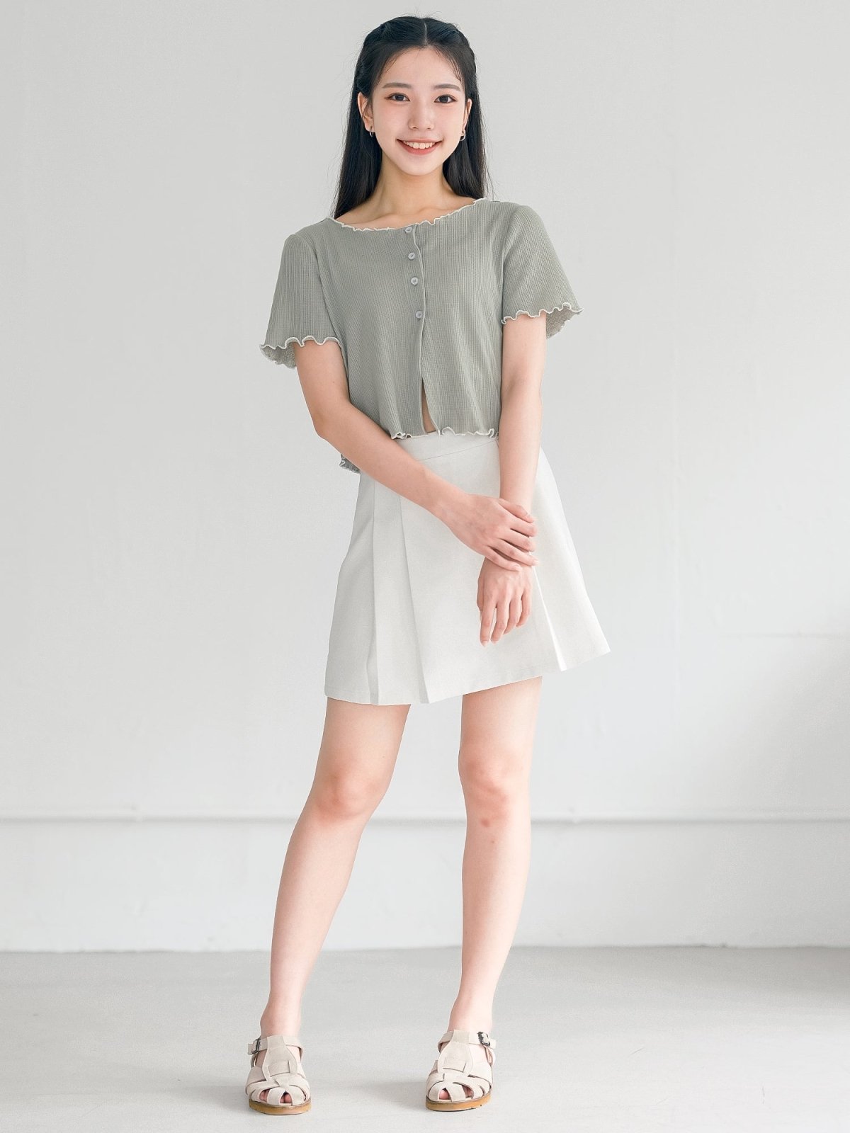 Jenn Buttoned Ruffle Top - DAG-DD0372-23SageWhiteS - Sage - S - D'ZAGE Designs
