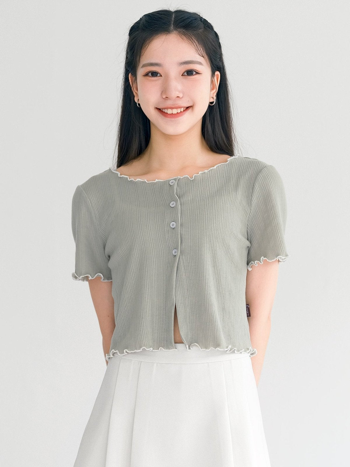 Jenn Buttoned Ruffle Top - DAG-DD0372-23SageWhiteS - Sage - S - D'ZAGE Designs