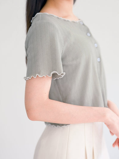 Jenn Buttoned Ruffle Top - DAG-DD0372-23SageWhiteS - Sage - S - D'ZAGE Designs