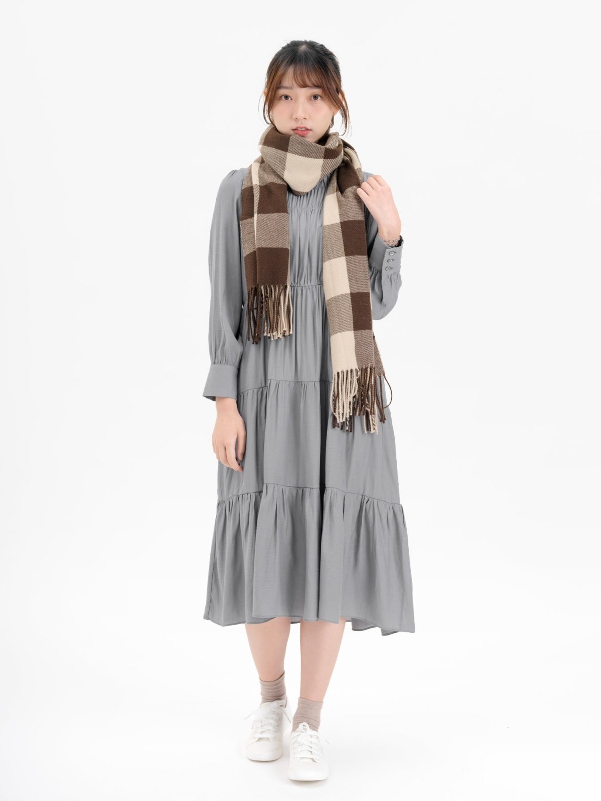 Beau Checker Fringed Scarf - DAG-G-A9849-22BrownieF - Brownie - F - D'ZAGE Designs