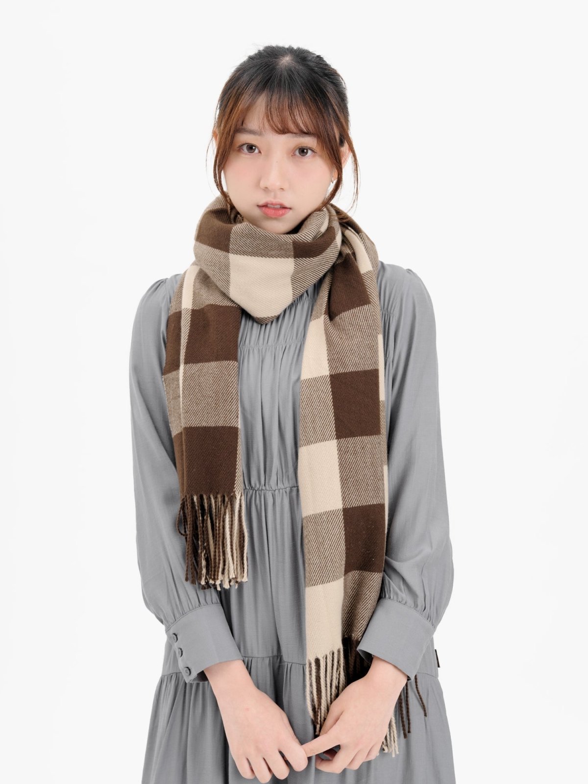 Beau Checker Fringed Scarf - DAG-G-A9849-22BrownieF - Brownie - F - D'ZAGE Designs