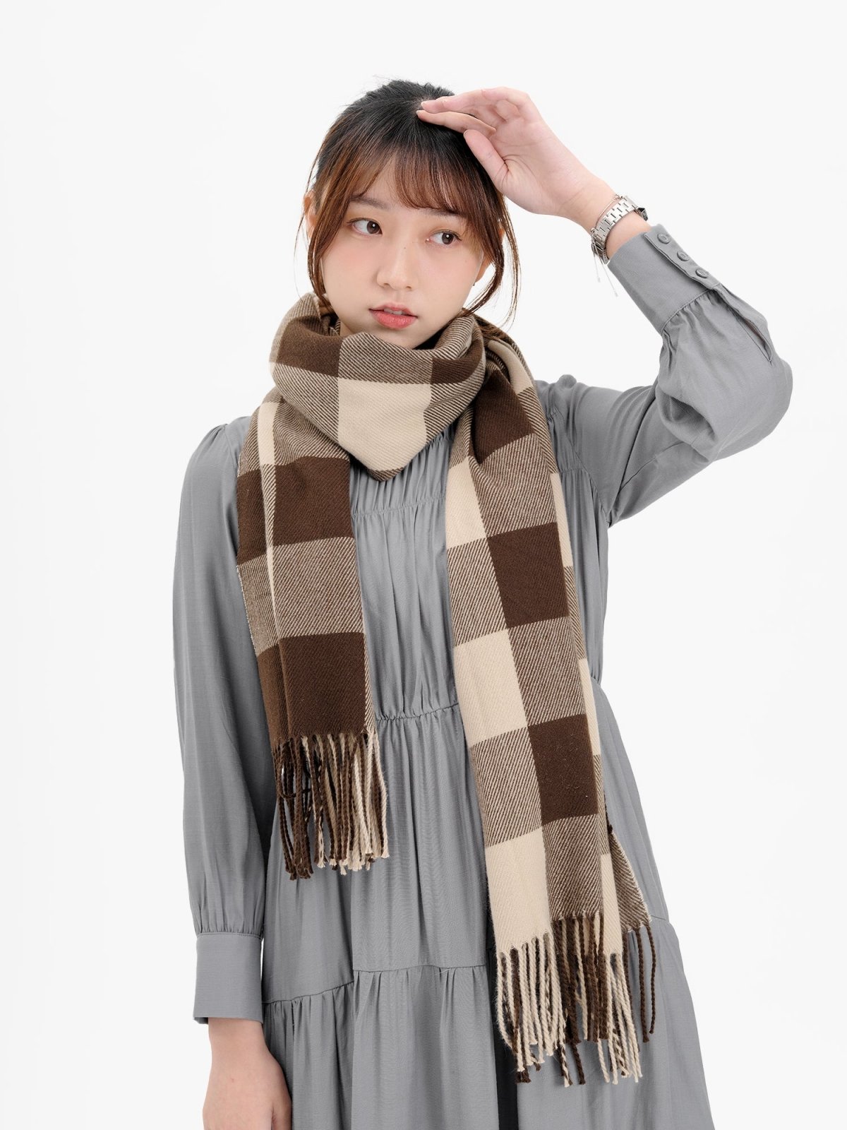 Beau Checker Fringed Scarf - DAG-G-A9849-22BrownieF - Brownie - F - D'ZAGE Designs