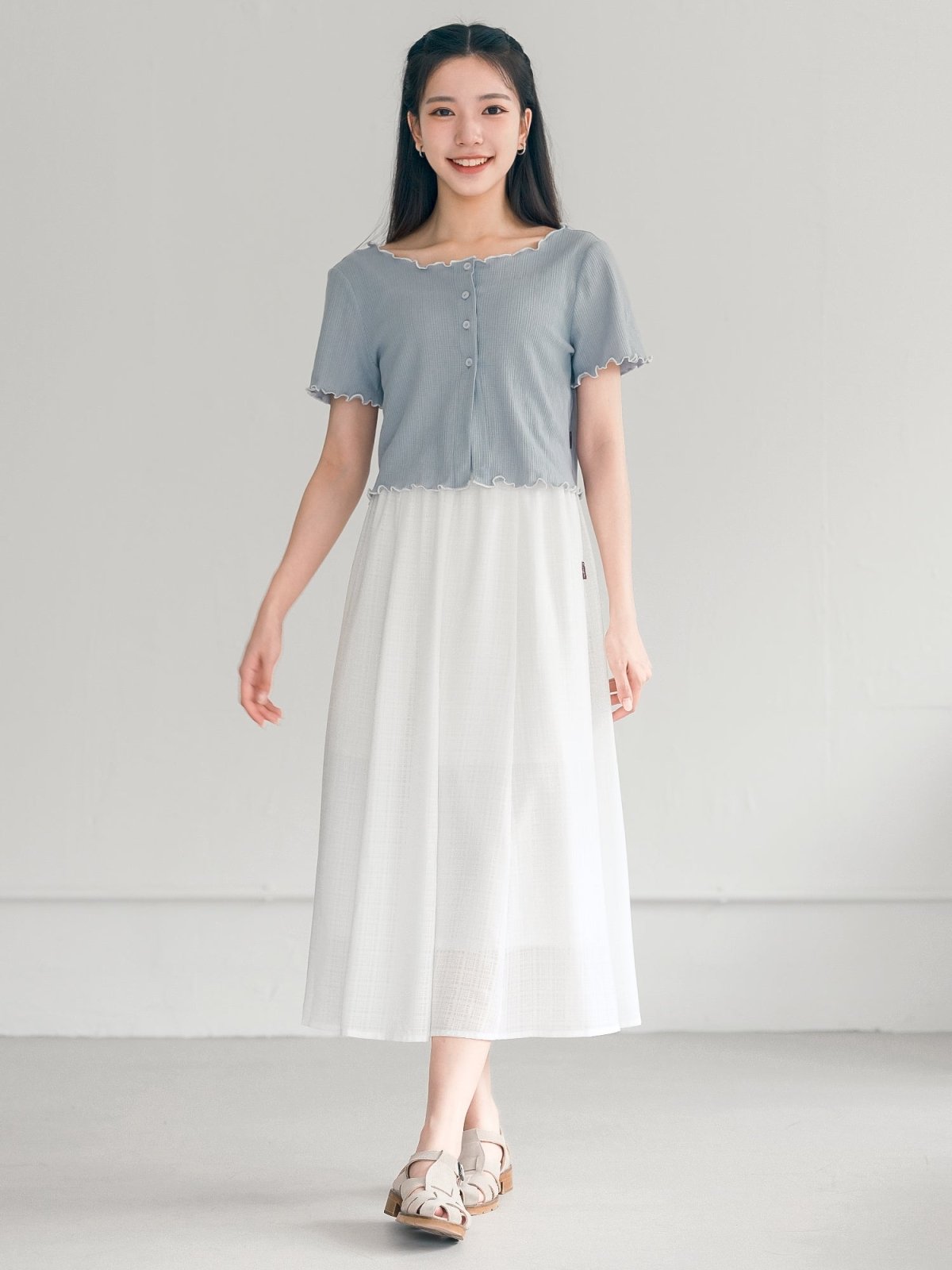 Jenn Buttoned Ruffle Top - DAG-DD0372-23BlueWhiteS - Baby Blue - S - D'ZAGE Designs