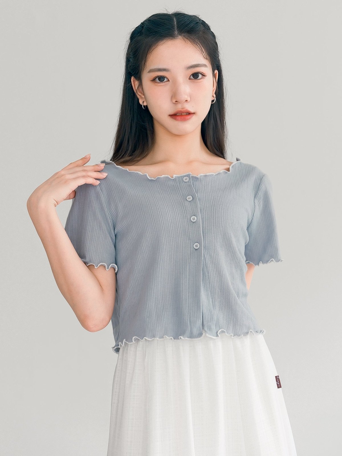 Jenn Buttoned Ruffle Top - DAG-DD0372-23BlueWhiteS - Baby Blue - S - D'ZAGE Designs