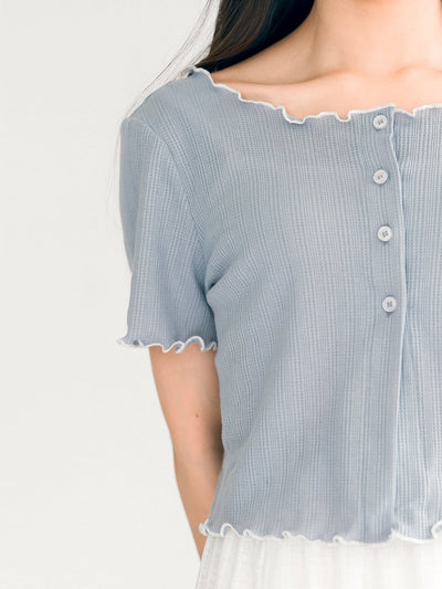 Jenn Buttoned Ruffle Top - DAG-DD0372-23BlueWhiteS - Baby Blue - S - D'ZAGE Designs