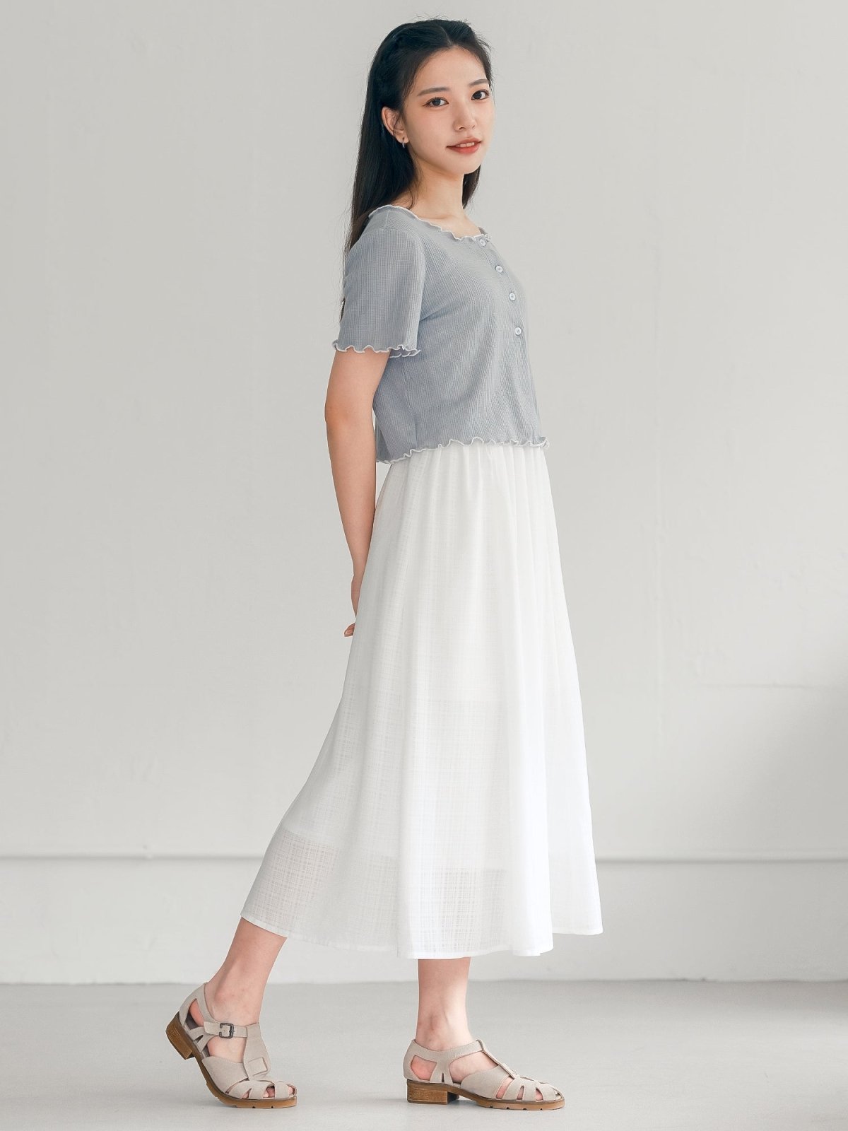 Jenn Buttoned Ruffle Top - DAG-DD0372-23BlueWhiteS - Baby Blue - S - D'ZAGE Designs