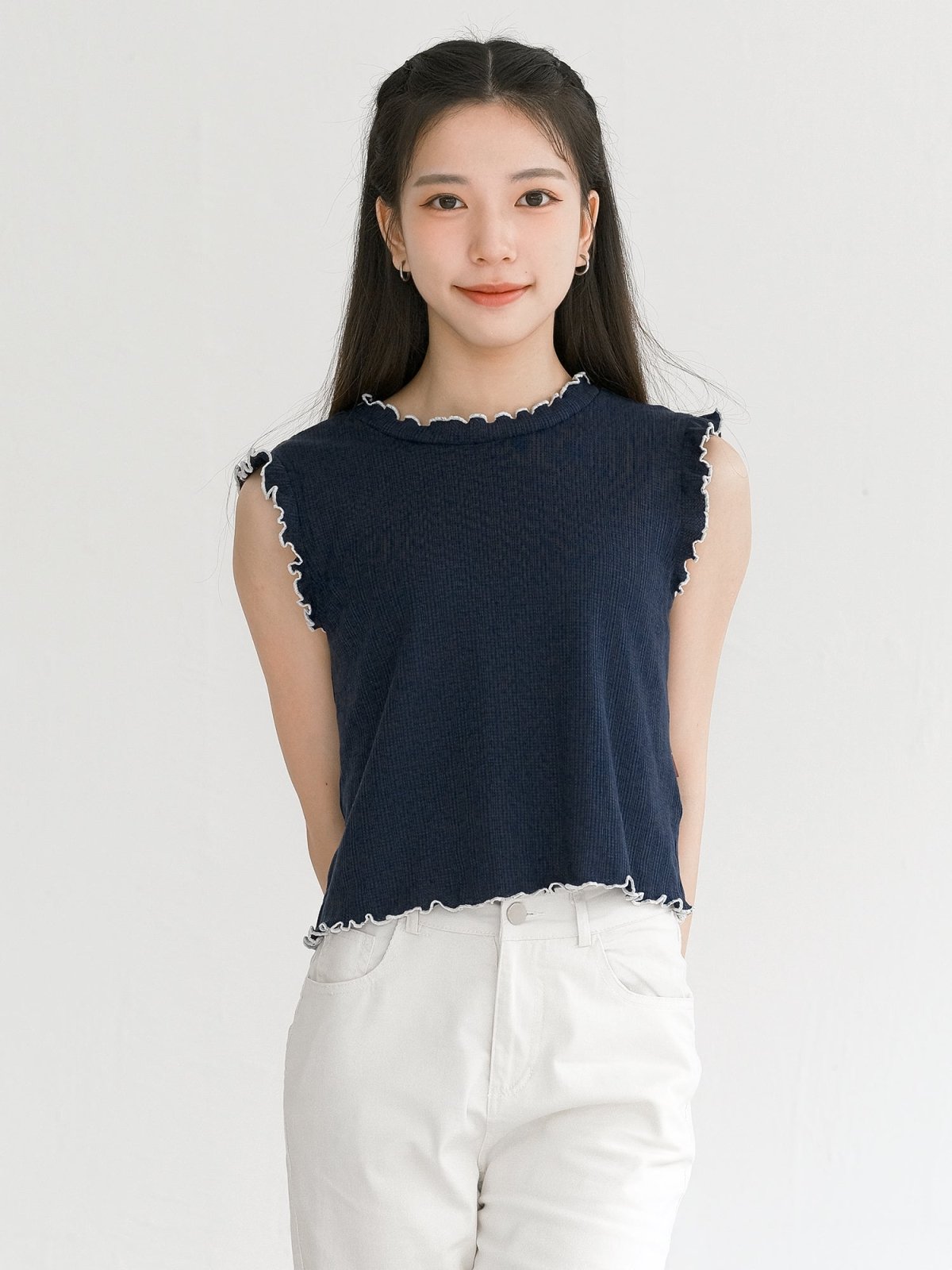 Jocelyn Sleeveless Ruffle Top - DAG-DD0370-23NavyWhiteS - Navy Blue - S - D'ZAGE Designs