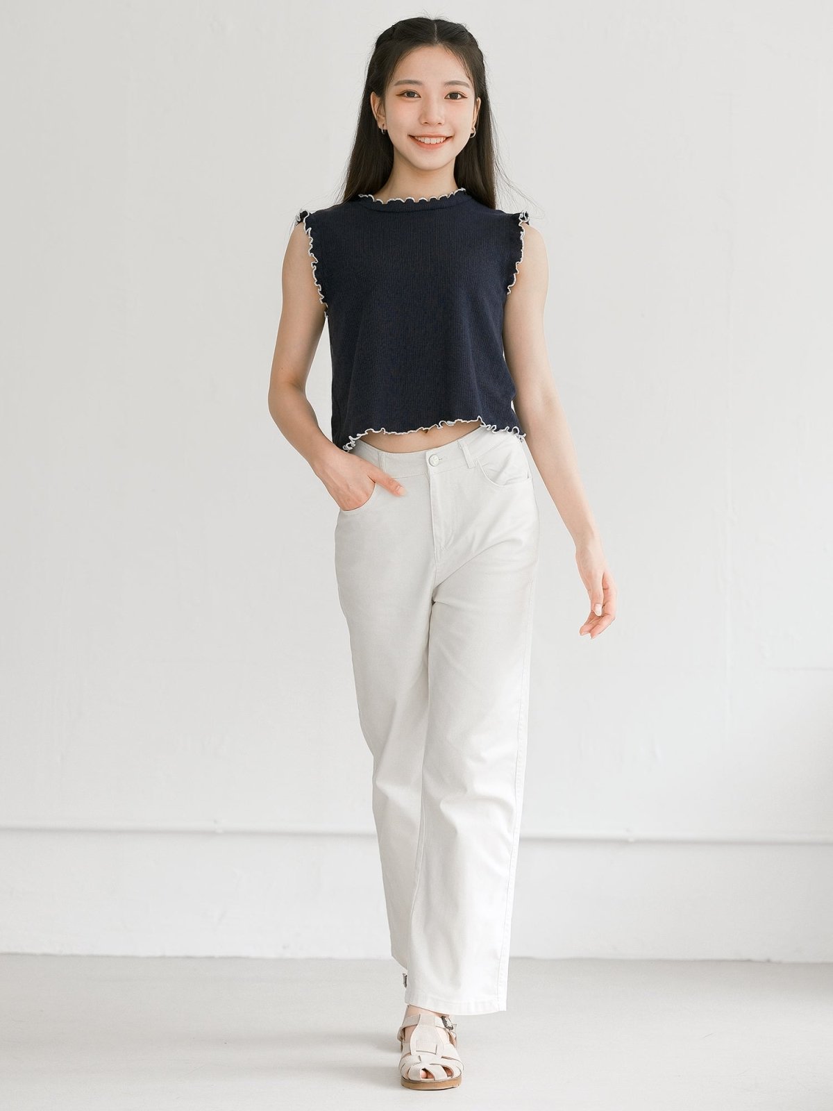 Jocelyn Sleeveless Ruffle Top - DAG-DD0370-23NavyWhiteS - Navy Blue - S - D'ZAGE Designs