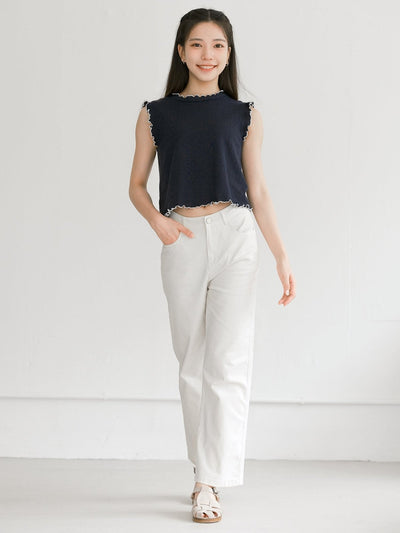 Jocelyn Sleeveless Ruffle Top - DAG-DD0370-23NavyWhiteS - Navy Blue - S - D'ZAGE Designs