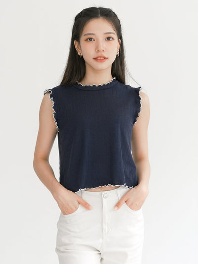 Jocelyn Sleeveless Ruffle Top - DAG-DD0370-23NavyWhiteS - Navy Blue - S - D'ZAGE Designs