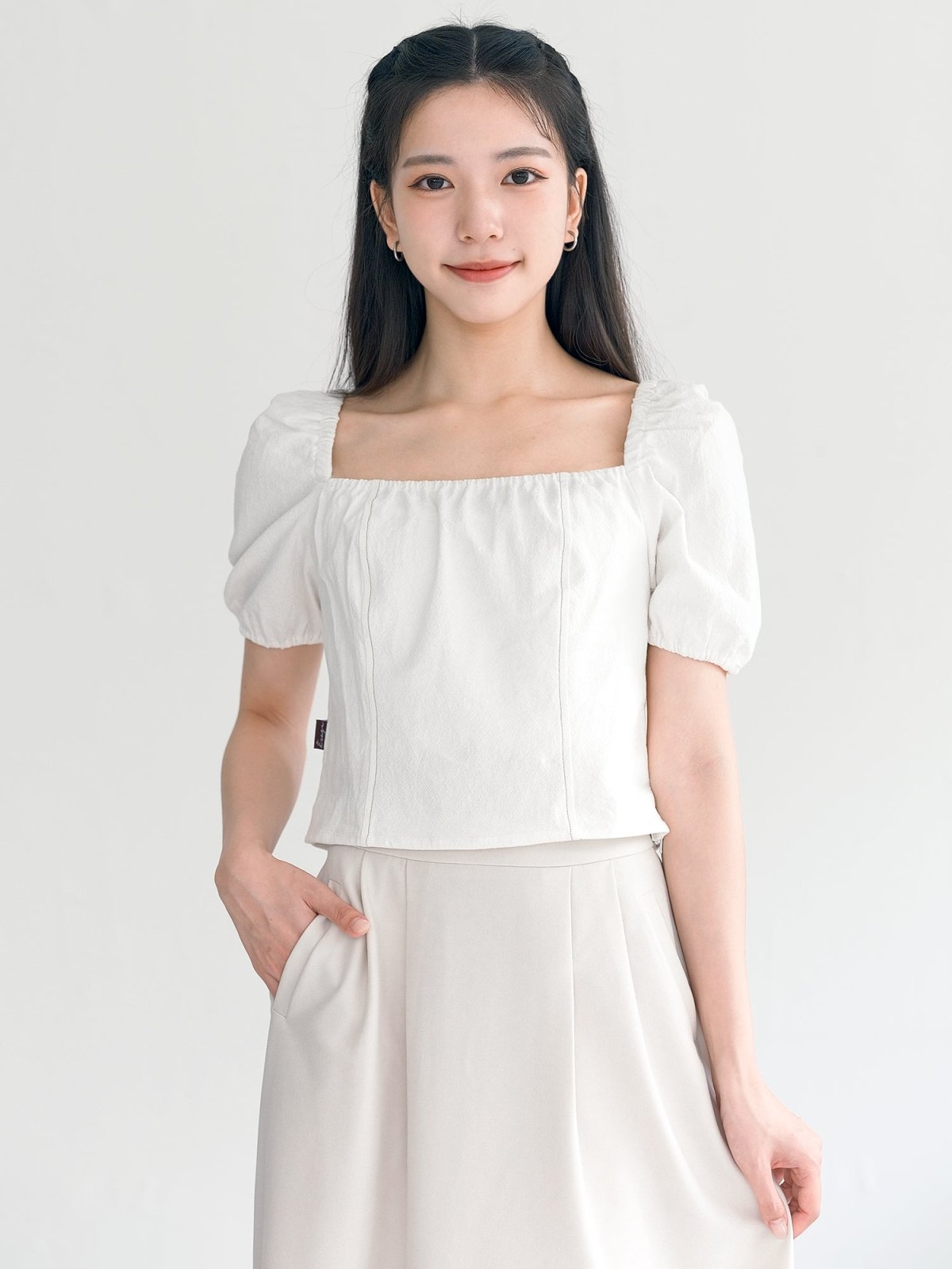 Kyla Square Neck Contrast Line Top - DAG-DD9500-22MochiIvoryF - Mochi Ivory - F - D'ZAGE Designs