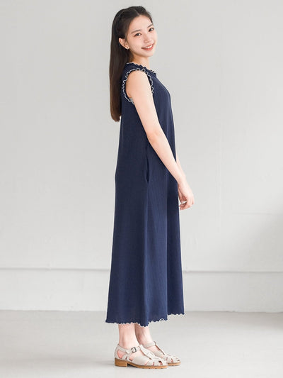 Sonya Sleeveless Ruffle Midi Dress - DAG-DD0371-23BlueWhiteF - Navy Blue - F - D'ZAGE Designs
