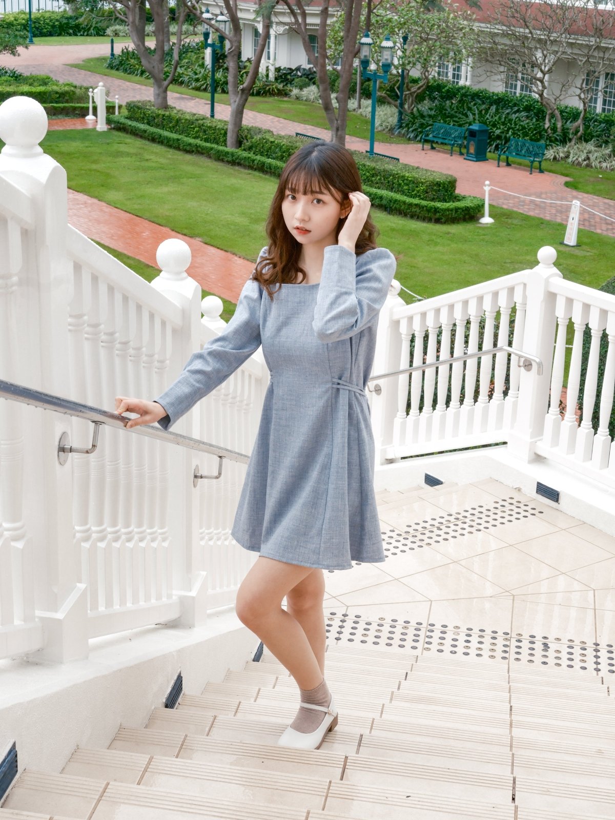 Square Neck Pintuck Mini Dress - DAG-DD9049-22LightBlueF - Baby Blue - F - D'ZAGE Designs