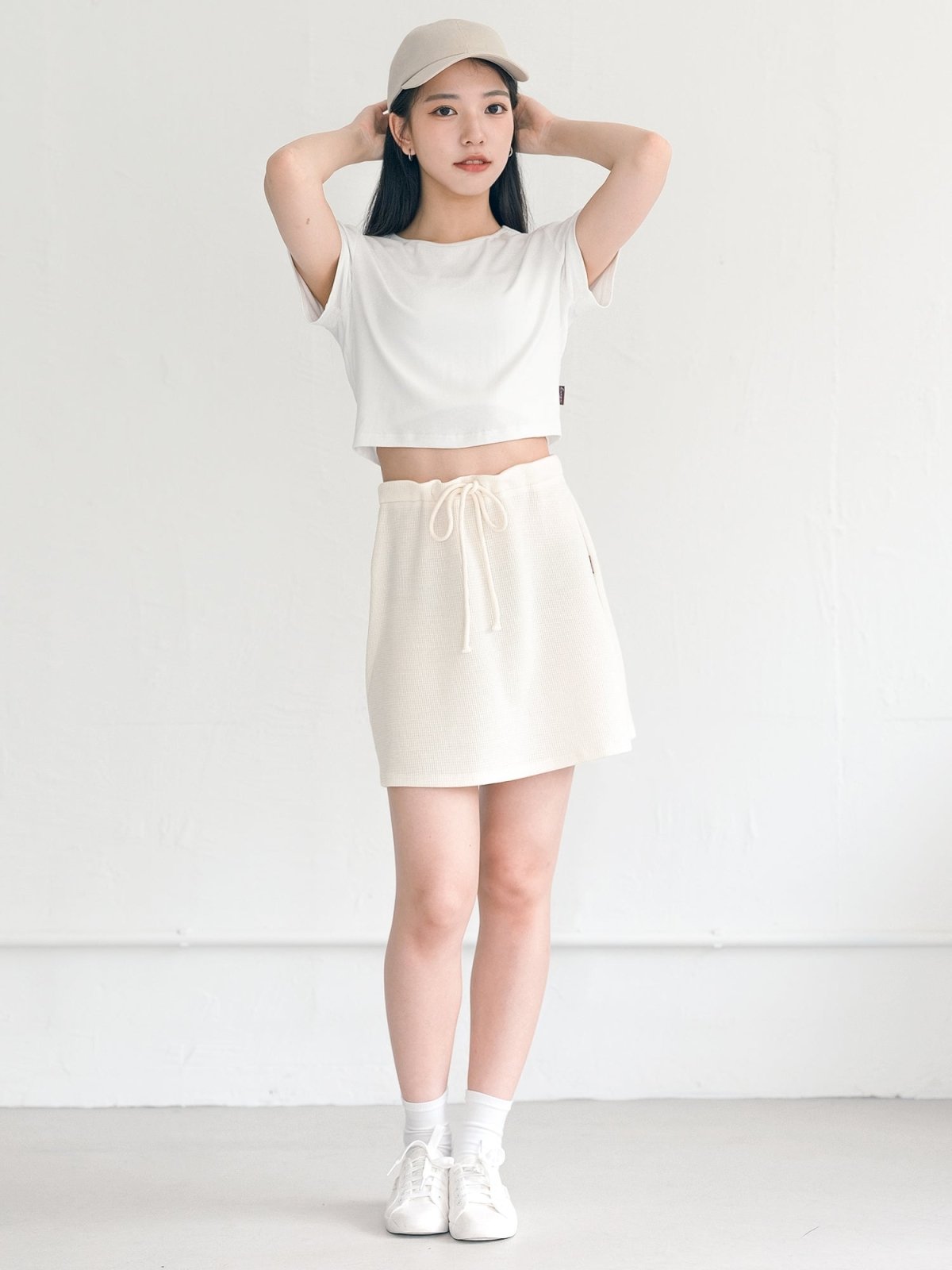 Noel Waffle Tie Waist Mini Skirt - DAG-DD9622-22SnowF - Almond Cream - F - D'ZAGE Designs