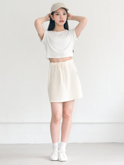 Noel Waffle Tie Waist Mini Skirt - DAG-DD9622-22SnowF - Almond Cream - F - D'ZAGE Designs